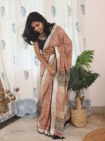 Art Linen Bagru Dabu Print Saree ~ Natural Dyed Saree