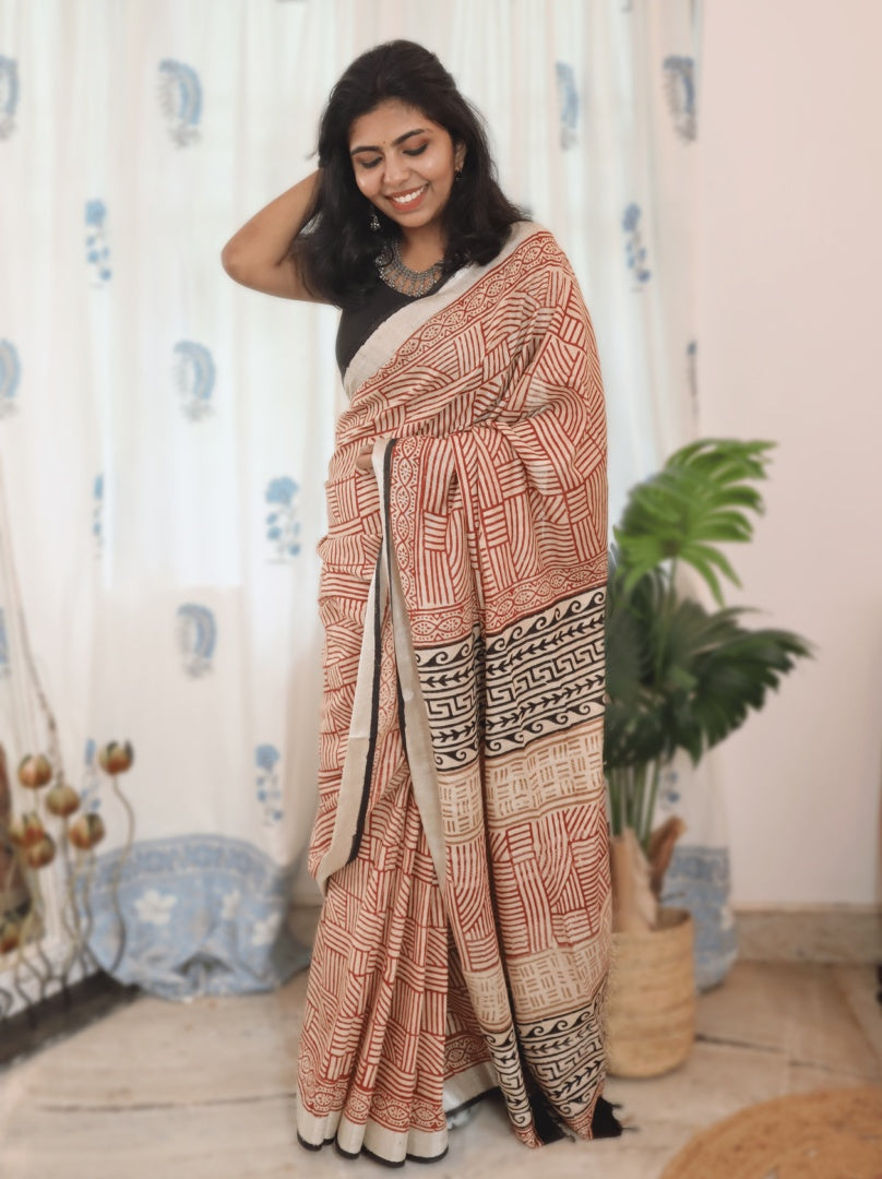 Art Linen Bagru Dabu Print Saree ~ Natural Dyed Saree