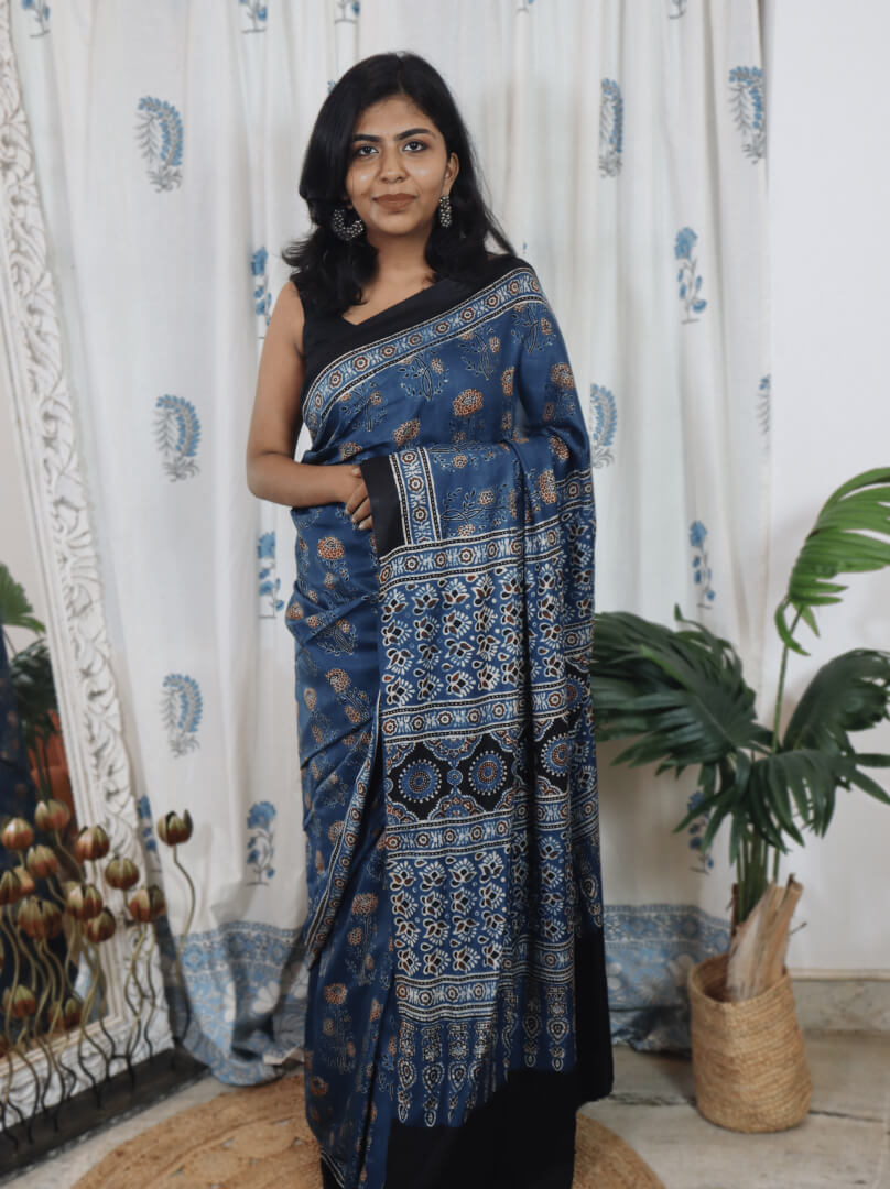 Ajrakh Handloom Modal Silk Saree